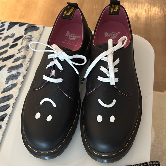 Dr. Martens Shoes - Dr. Martens Black Leather Smiley Oxford Flats with White Accents